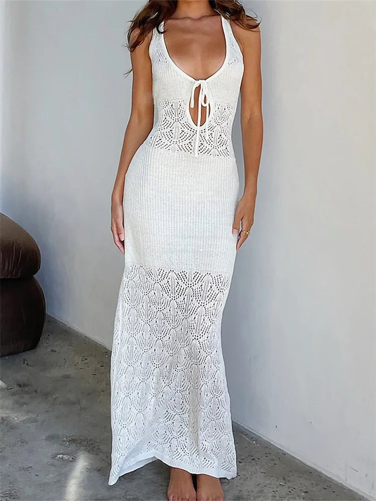 Women Crochet Knitted Hollow Out Backless  Spaghetti Strap Halter Lace-up  Beachwear Female Vestidos InsStreet