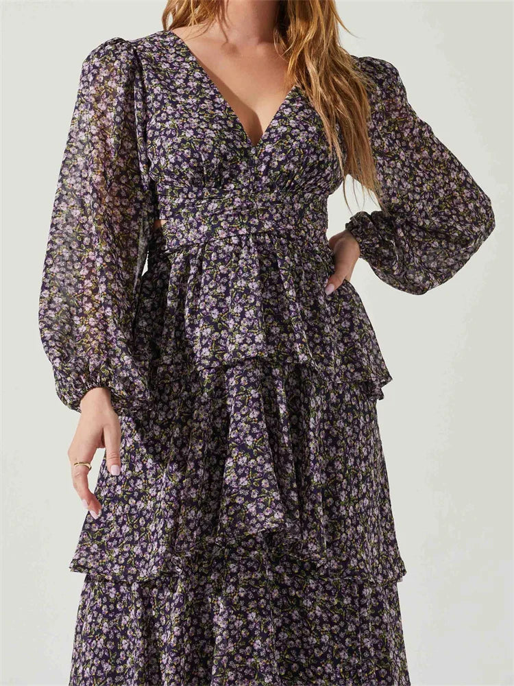 Women High Split Floral Print   Puff Sleeve V Neck Layered Ruffles Hem Spring Fall Vestidos InsStreet