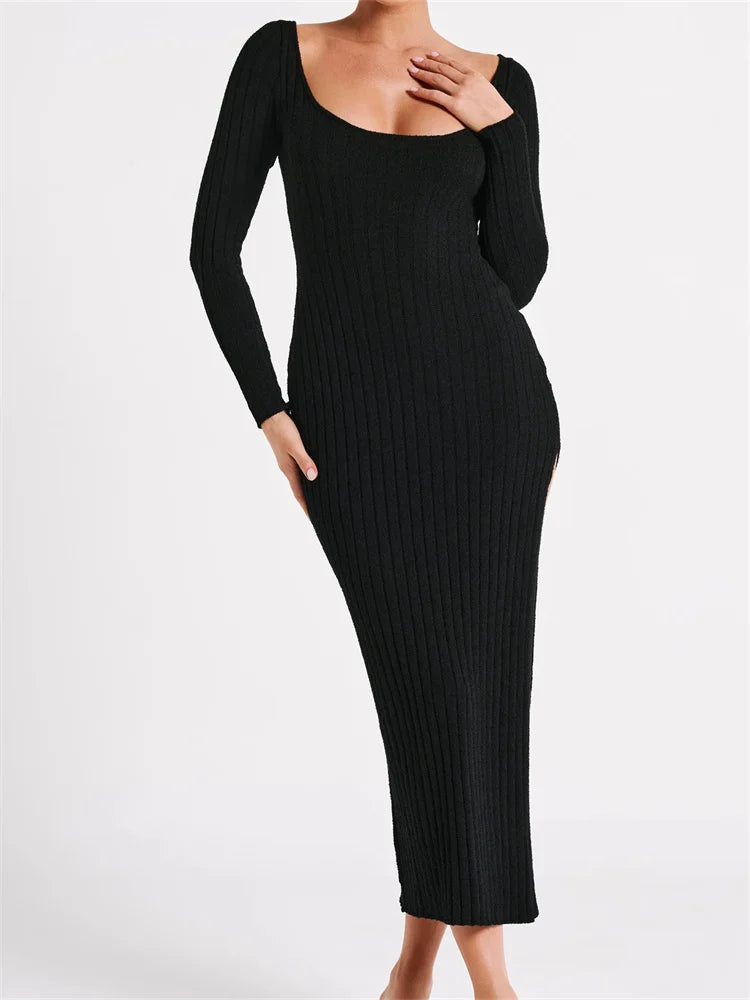 Women Knitted Bodycon  Solid Color Ribbed Round Neck  Sleeve Side Split Spring Fall Vestidos InsStreet