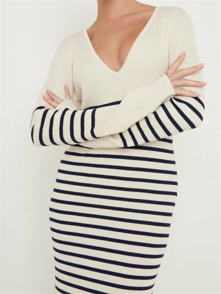 Women Knitted   Sleeve Deep V Neck Striped Slim Fit Spring Autumn Female Vestidos Streetwear InsStreet