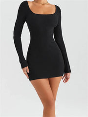 Knitted Ribbed Party Solid Long Sleeve Square Neck Mini Dress InsStreet