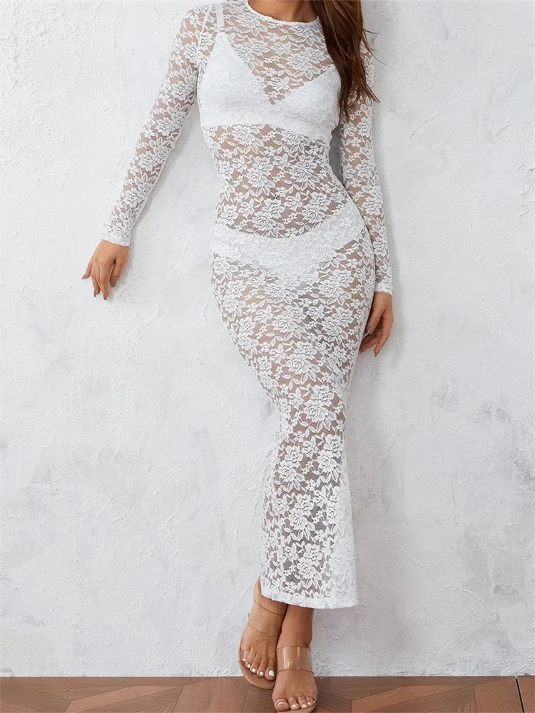 Women Lace Floral See Through  Vintage  Sleeve Round Neck Solid Back Split Party Female Vestidos InsStreet