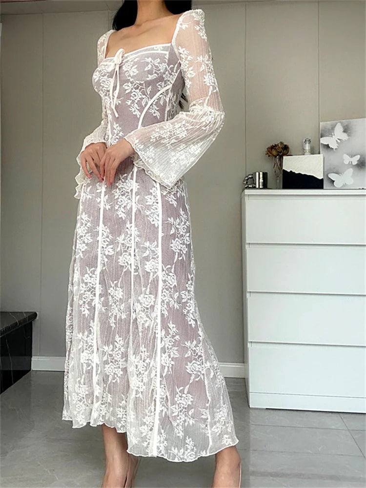 Women Lace Flower  Flare Sleeve Square Neck Tie-up  Spring Fall Solid Party Female Vestidos InsStreet