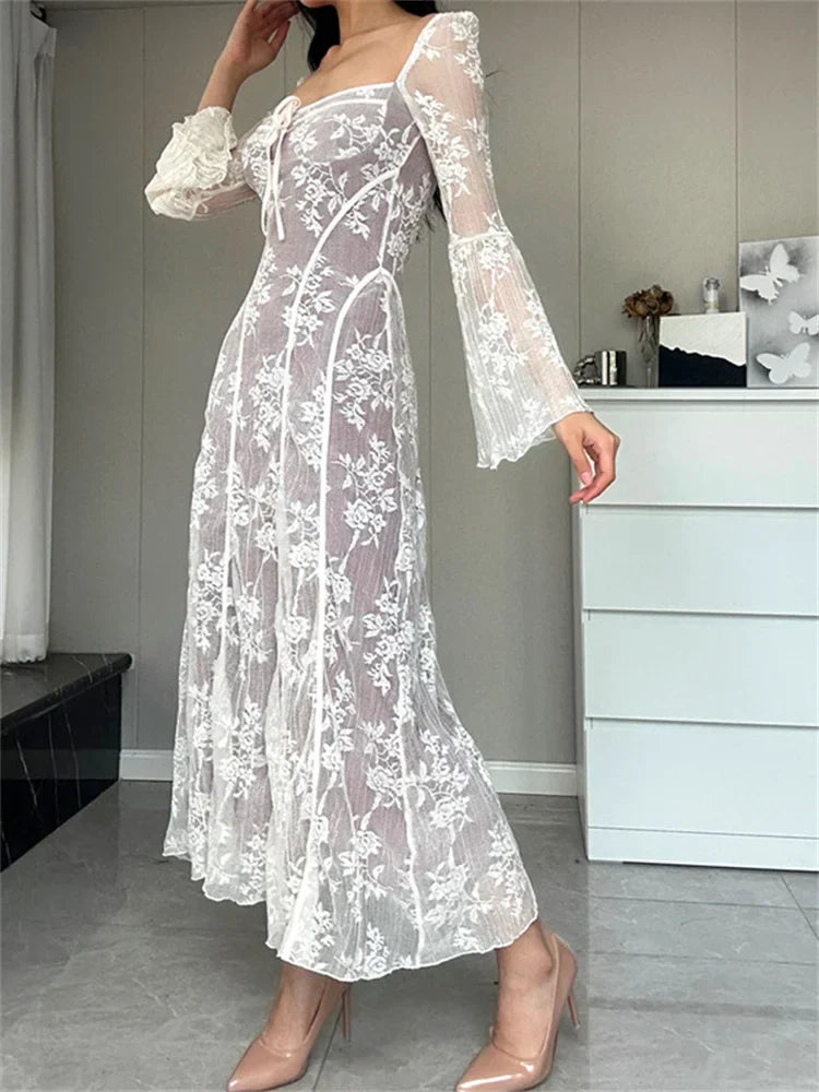 Women Lace Flower  Flare Sleeve Square Neck Tie-up  Spring Fall Solid Party Female Vestidos InsStreet