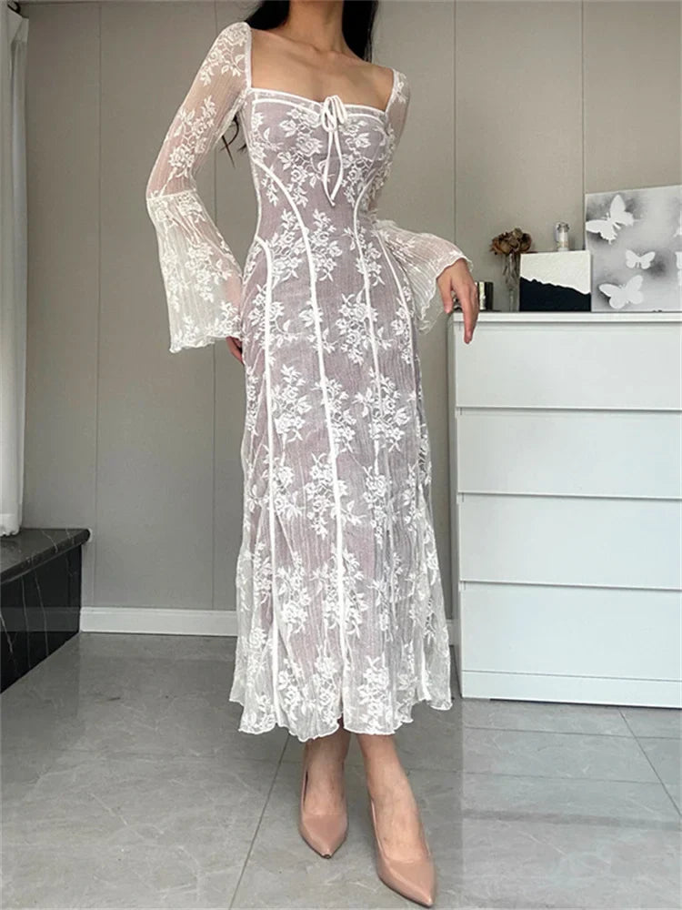 Women Lace Flower  Flare Sleeve Square Neck Tie-up  Spring Fall Solid Party Female Vestidos InsStreet