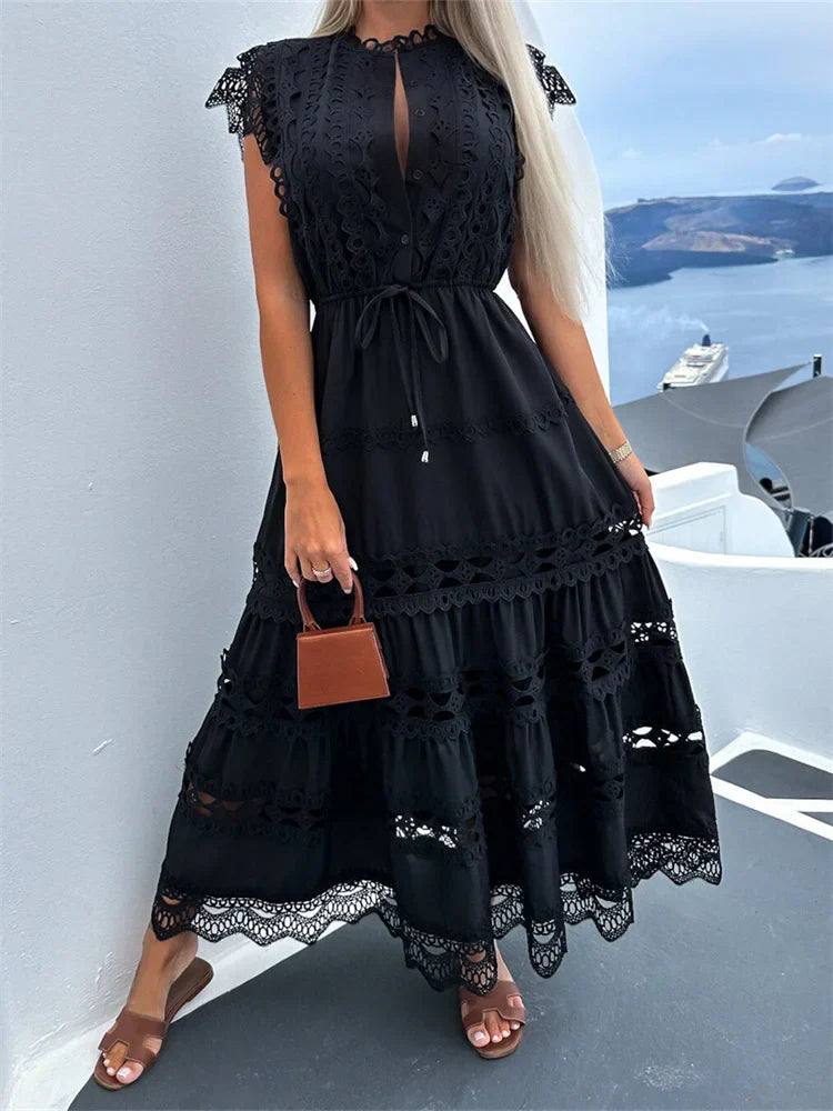 Women Lace Hollow Out   Sleeve Front Buttons Up V-Neck Patchwork Loose Party Female Vestidos InsStreet