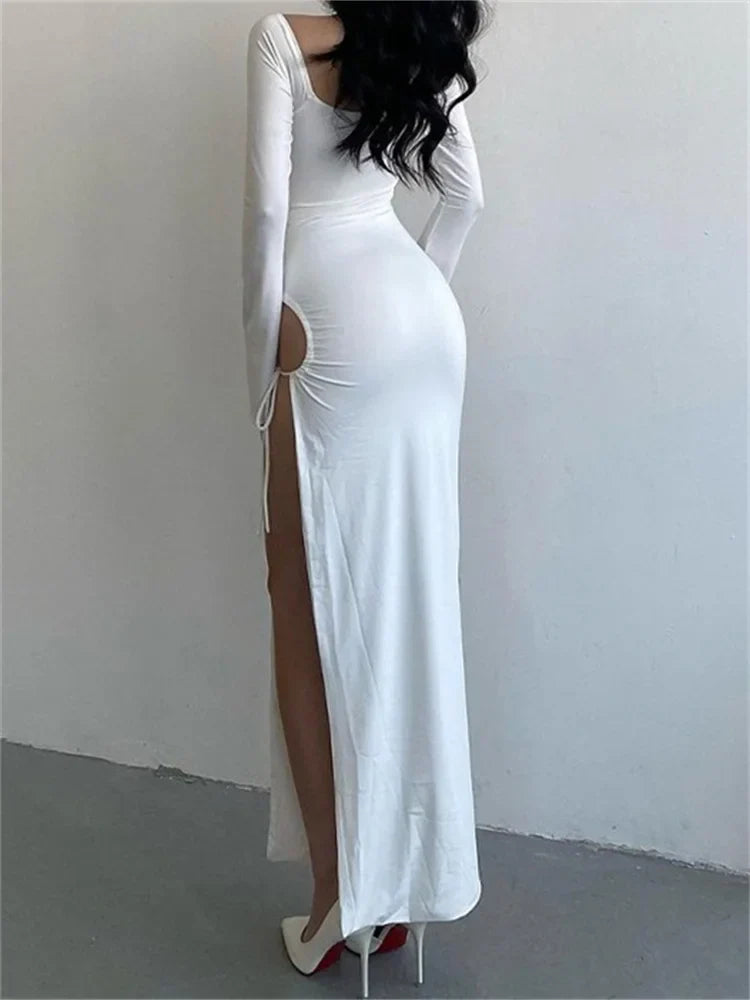 Women   Sleeve Low-cut Tie-up Solid Color Slim Fit Cocktail Party High Split Female Vestidos InsStreet