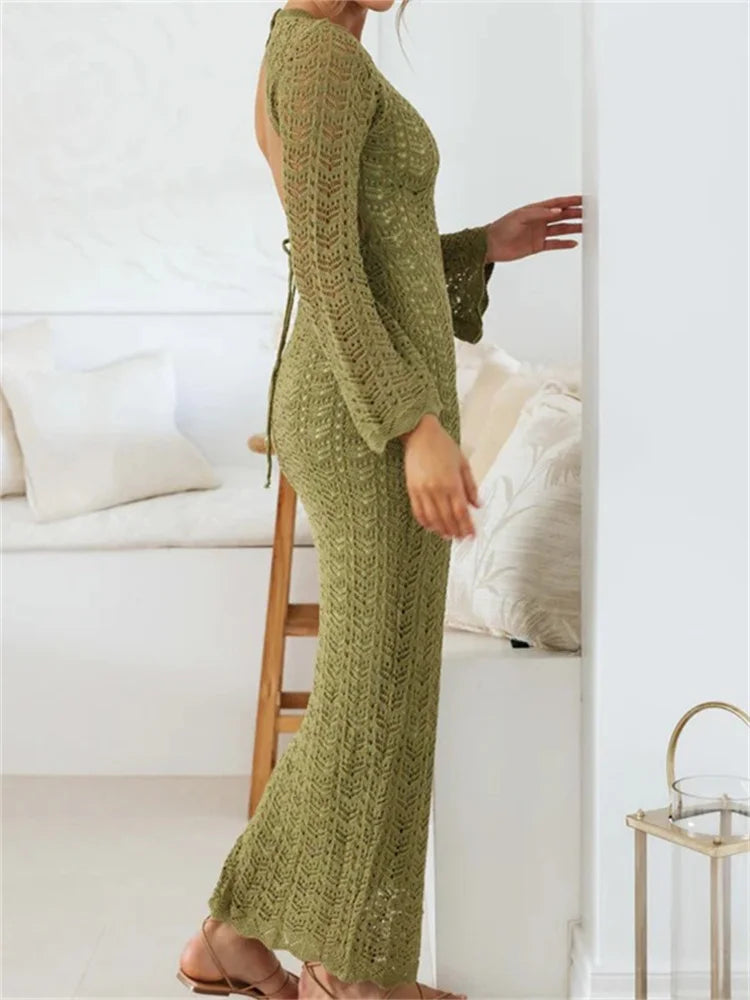 Women   Sleeve Round Neck Backless Tie-up Hollow Out Cocktail Spring Autumn Female Vestidos InsStreet