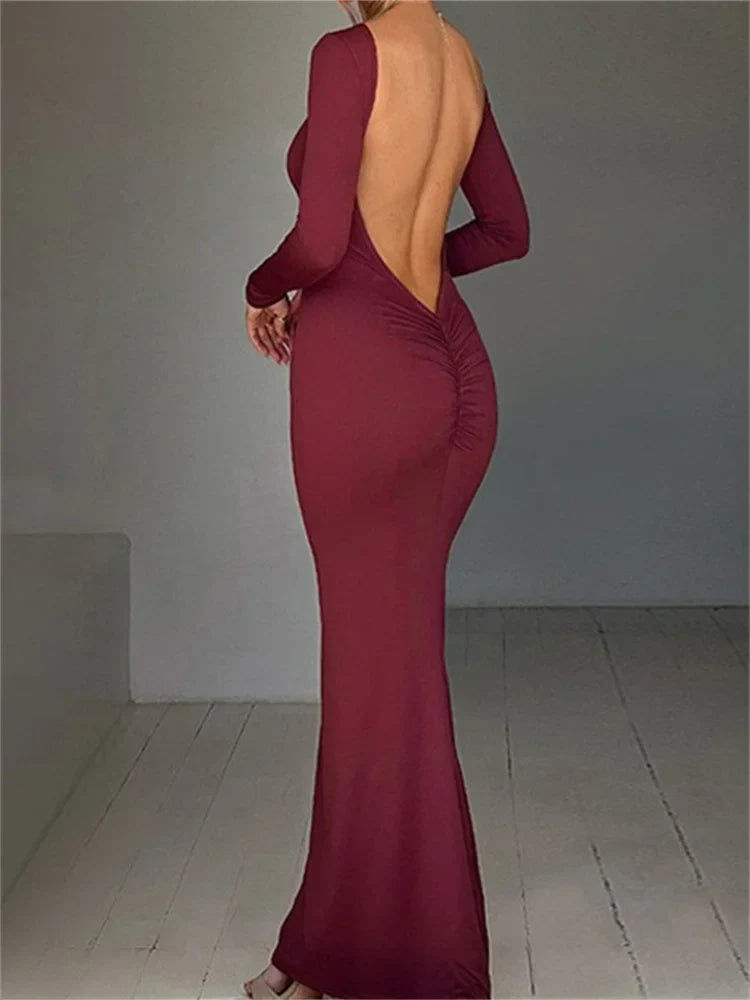 Women  Sleeve Solid Color Round Neck Backless Ruched  Spring Summer Party Female Vestidos InsStreet