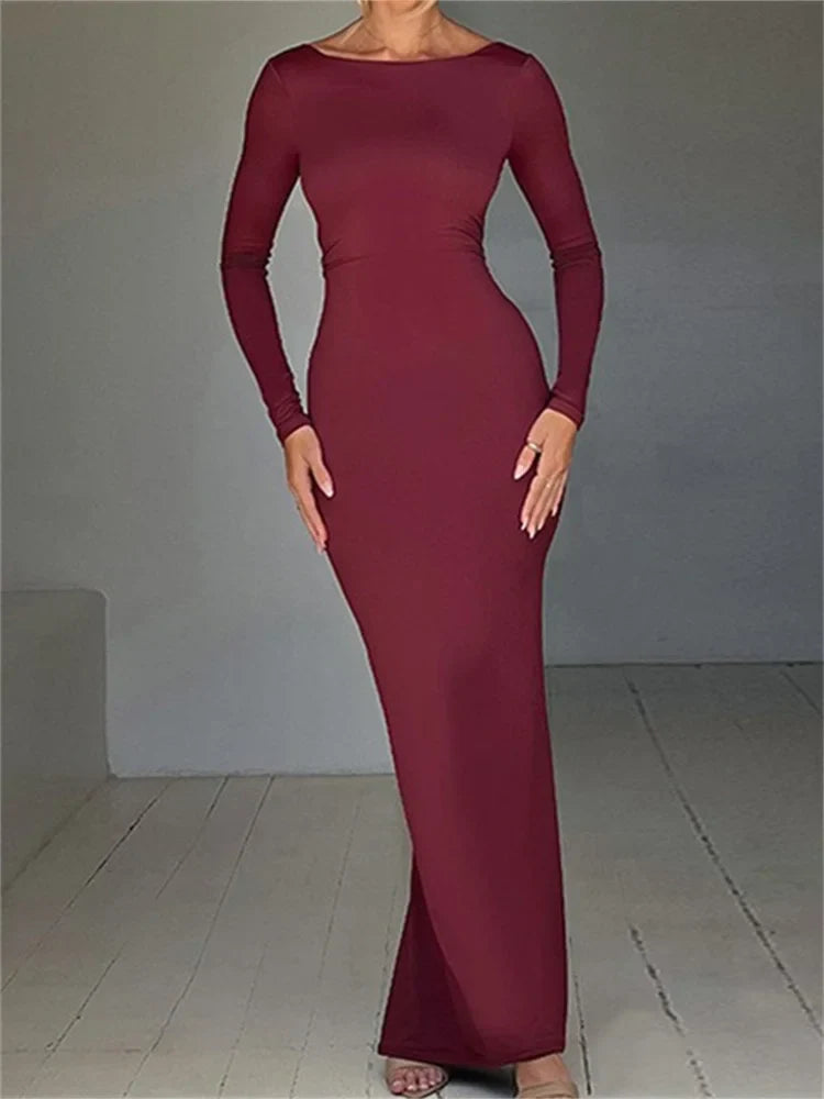 Women  Sleeve Solid Color Round Neck Backless Ruched  Spring Summer Party Female Vestidos InsStreet