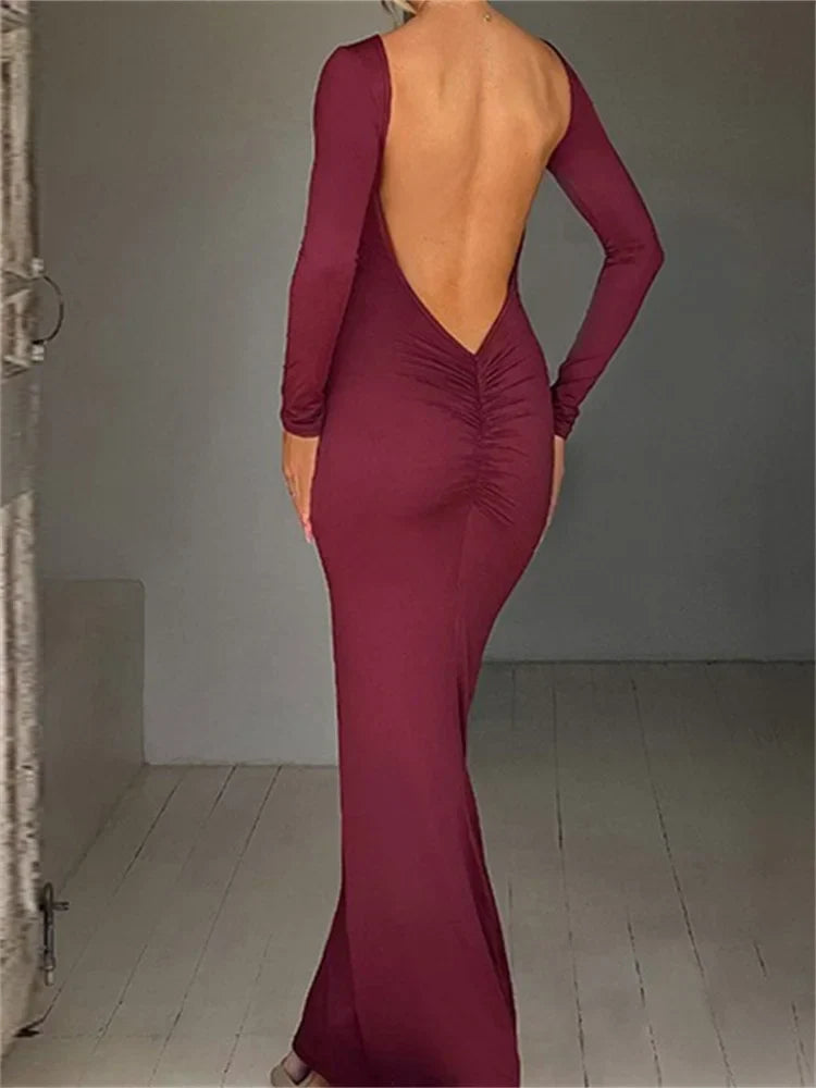 Women  Sleeve Solid Color Round Neck Backless Ruched  Spring Summer Party Female Vestidos InsStreet