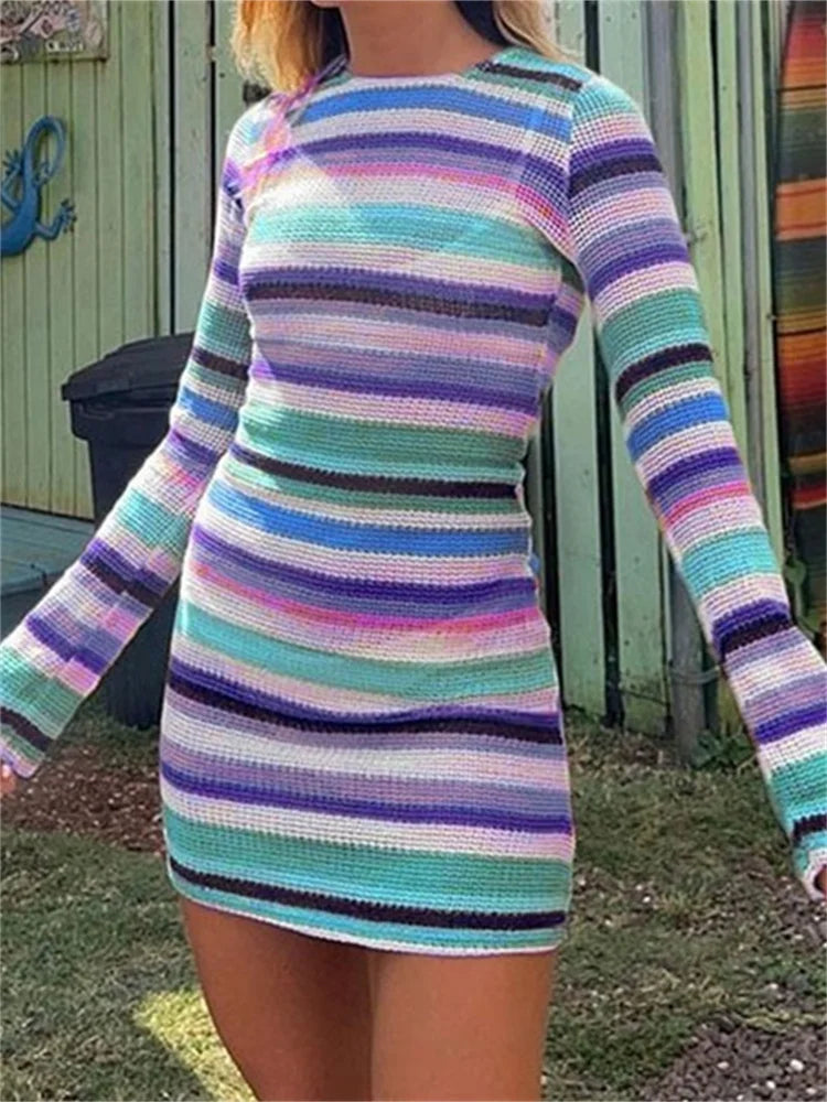 Long Sleeve Casual Striped Backless Fall Party Mini Dress InsStreet