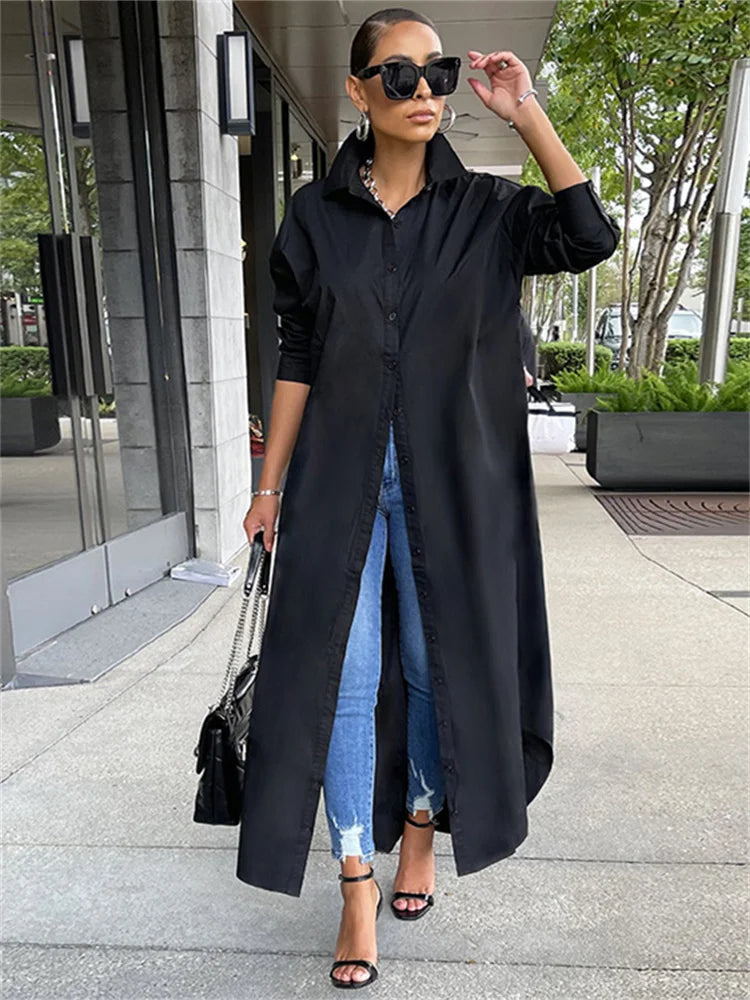 Women Loose Casual Kaftan   Shirts  Solid  Sleeve Lapel Single-breasted  Female Vestidos InsStreet