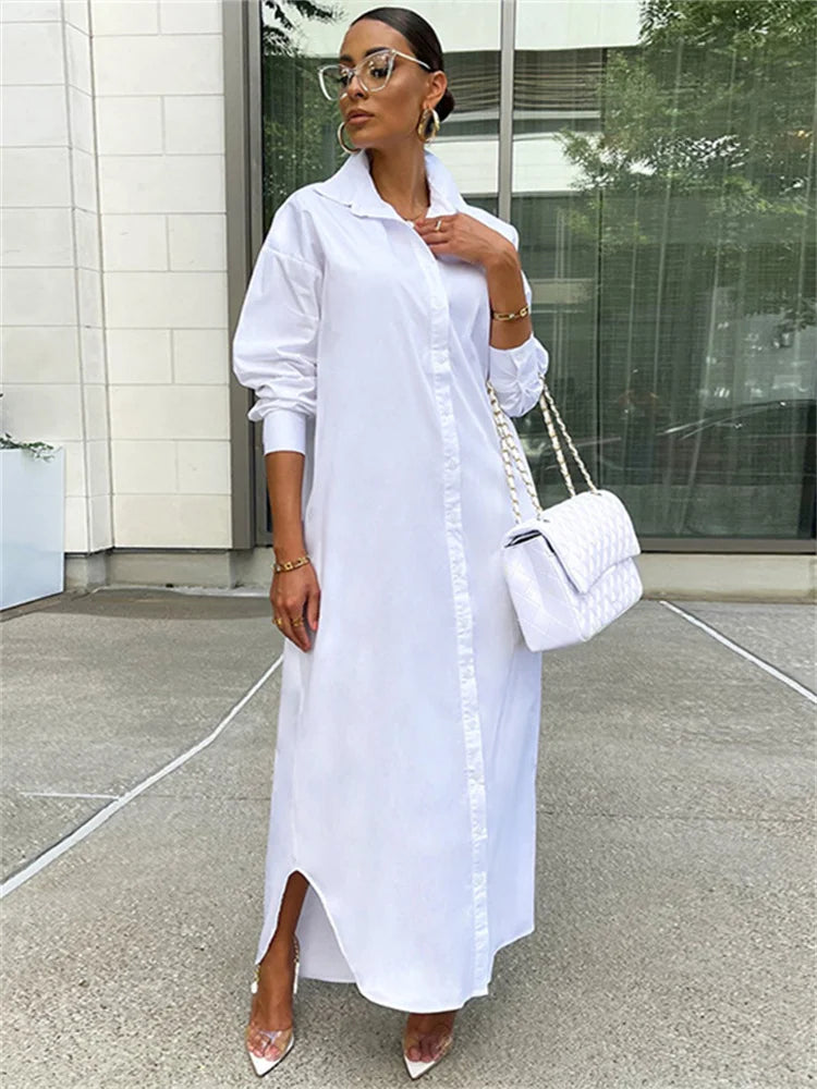 Women Loose Casual Kaftan   Shirts  Solid  Sleeve Lapel Single-breasted  Female Vestidos InsStreet