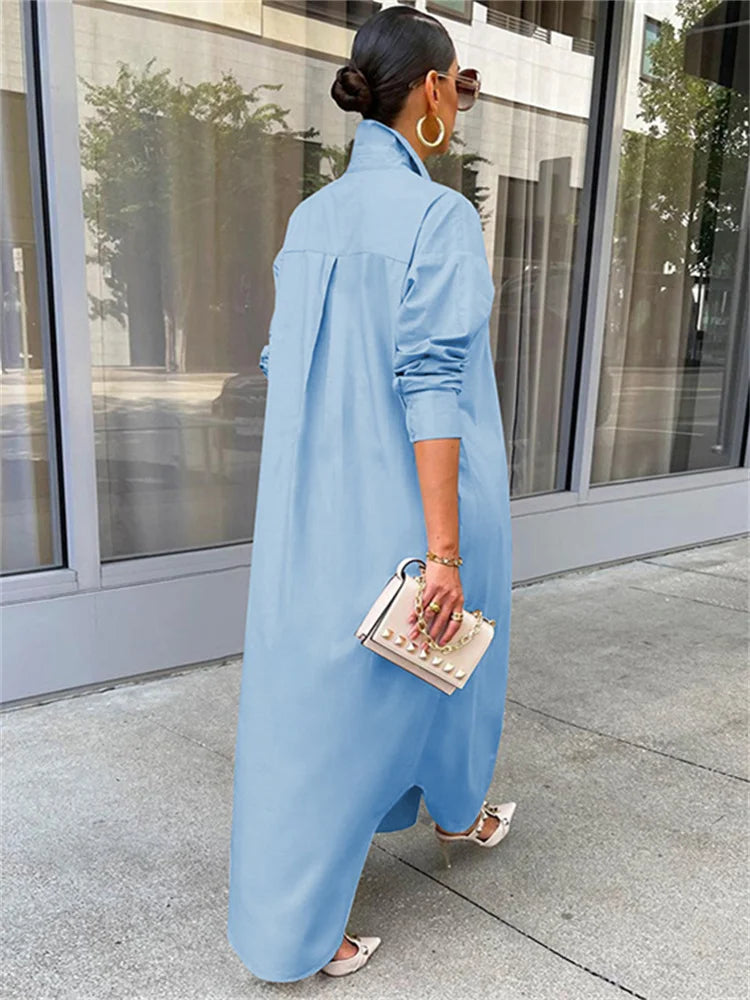 Women Loose Casual Kaftan   Shirts  Solid  Sleeve Lapel Single-breasted  Female Vestidos InsStreet