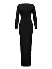 Women Ribbed Bodycon  Solid Color Low-Cut V-neck Tie-Up  Sleeve Spring Autumn Party Vestidos InsStreet