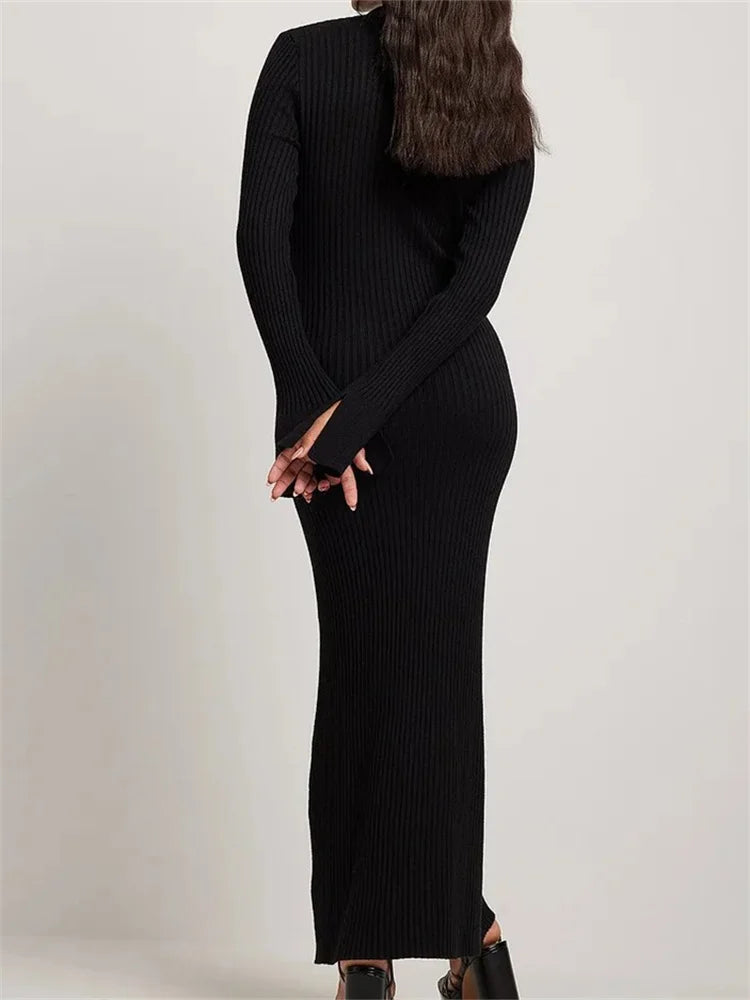 Women Ribbed Knitted   Flare Sleeve Lapel Solid Color Bodycon Party Going Out Female Vestido InsStreet