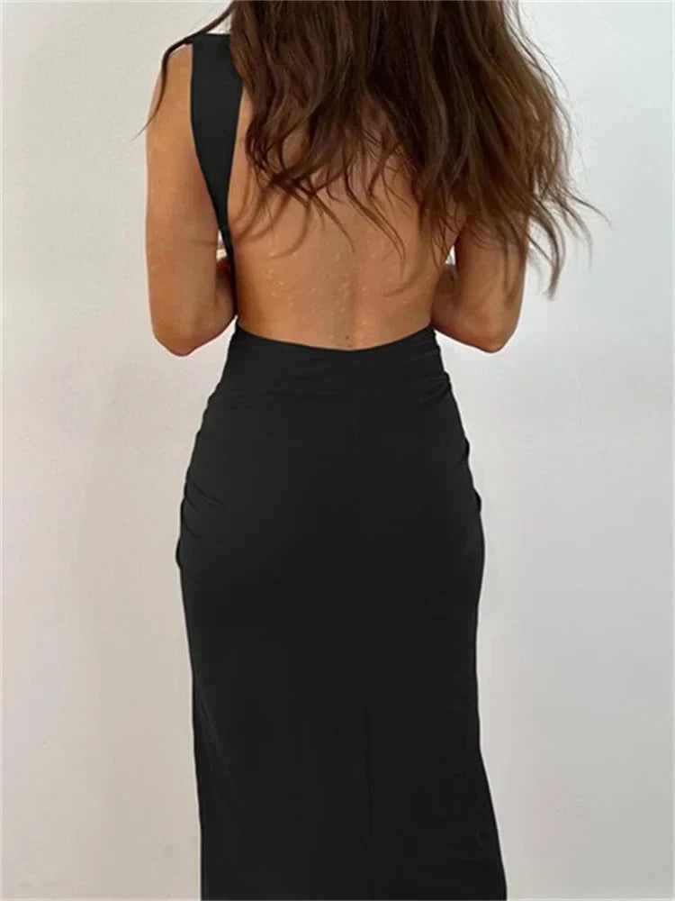 Women Sexy High Split  Sleeveless Deep V-neck Backless Ruched Summer Elegant Party Clubwear Vestidos InsStreet