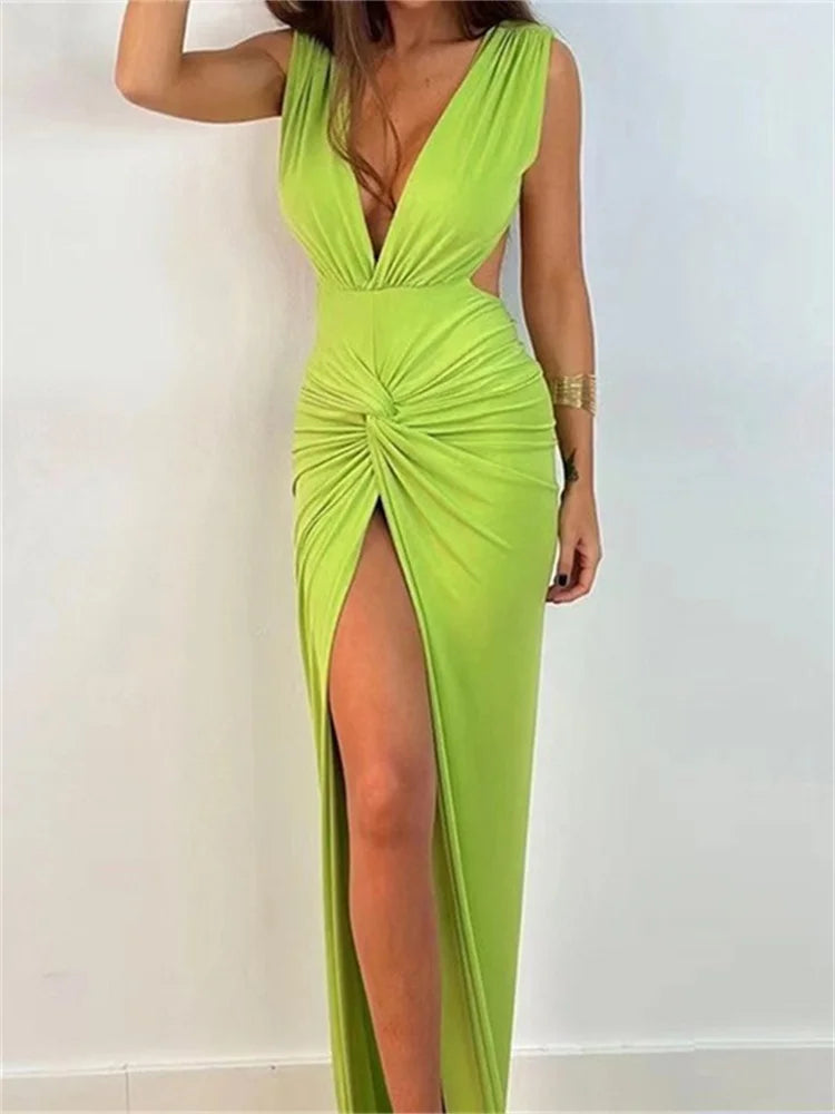 Women Sexy High Split  Sleeveless Deep V-neck Backless Ruched Summer Elegant Party Clubwear Vestidos InsStreet