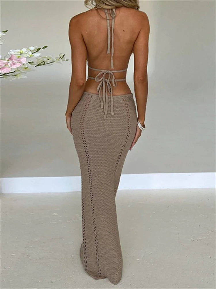 Women Sexy Knitted Cut Out Spaghetti Strap  Halter Backless Club Party Y2K Female Vestidos Streetwear InsStreet