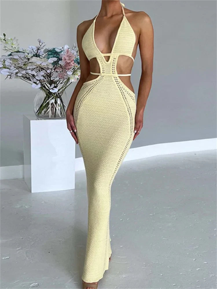 Women Sexy Knitted Cut Out Spaghetti Strap  Halter Backless Club Party Y2K Female Vestidos Streetwear InsStreet