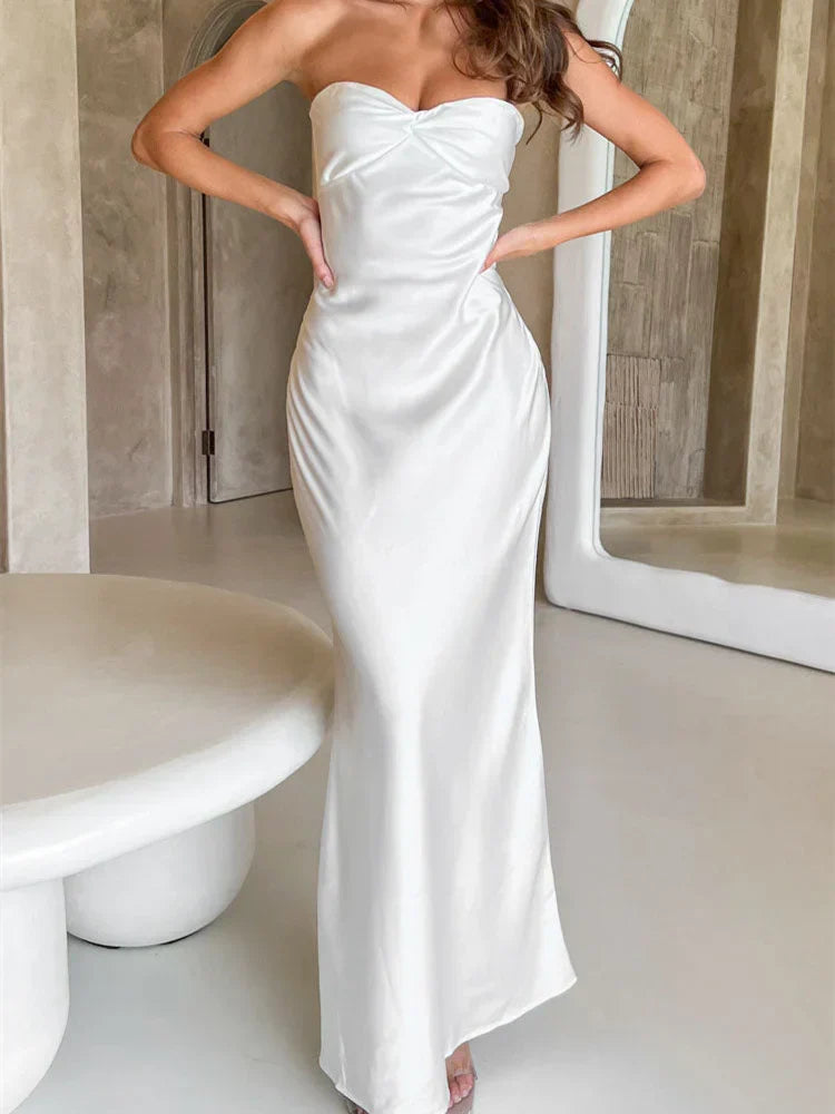 Women Sexy Sleeveless Spaghetti Strap Backless  Low Cut Strapless Tube Party Cocktail Satin Vestidos InsStreet