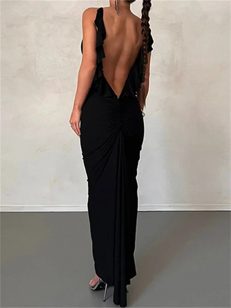 Women Sexy Spaghetti Strap Backless  Bodycon V-neck Ruffles Ruched Party Evening Clubwear Vestidos InsStreet