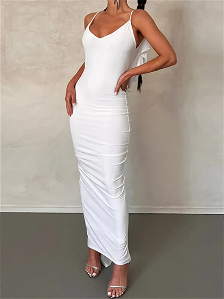 Women Sexy Spaghetti Strap Backless  Bodycon V-neck Ruffles Ruched Party Evening Clubwear Vestidos InsStreet