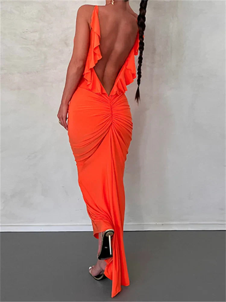 Women Sexy Spaghetti Strap Backless  Bodycon V-neck Ruffles Ruched Party Evening Clubwear Vestidos InsStreet