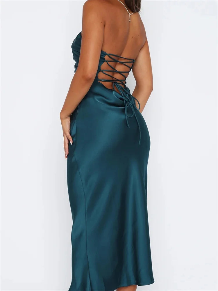 Women Sexy Strapless Backless  Low Cut Off Shoulder Tube Party Satin Female Vestidos Streetwear InsStreet