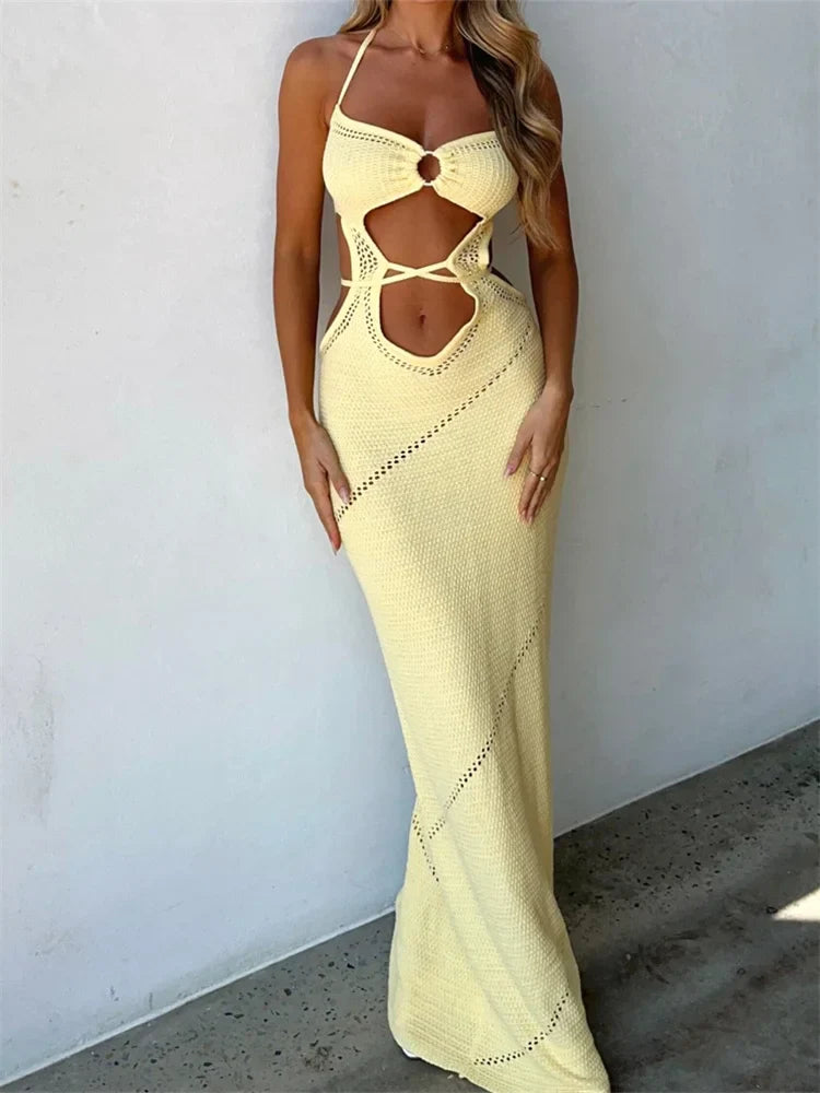 Women Sleeveless Halter Knitted  Solid Color Front Cutout Backless Tie-Up Slim Beach Summer Vestidos InsStreet