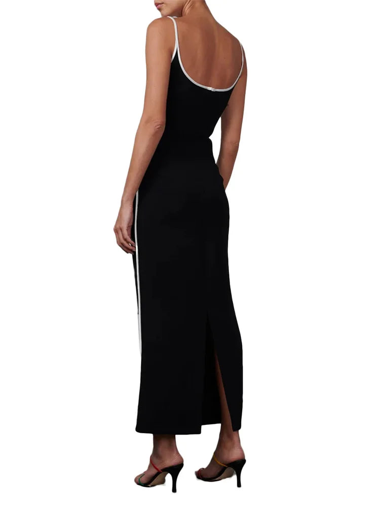 Women Sleeveless Strap  Black Patchwork V-neck Low Cut Slim Summer Party Back Split  Female Vestidos InsStreet