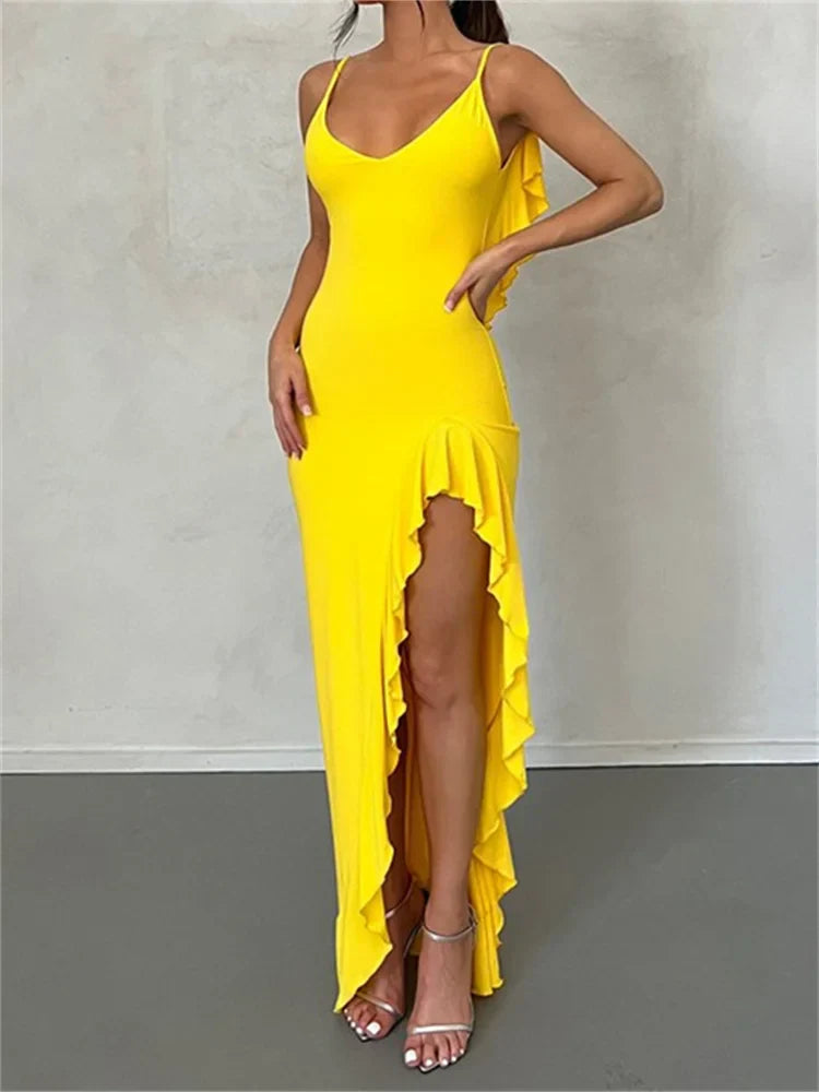 Women Spaghetti Strap Backless Ruffles  Sexy Slim Fit V Neck Sleeveless Strap Ruched Beach  Vestidos InsStreet