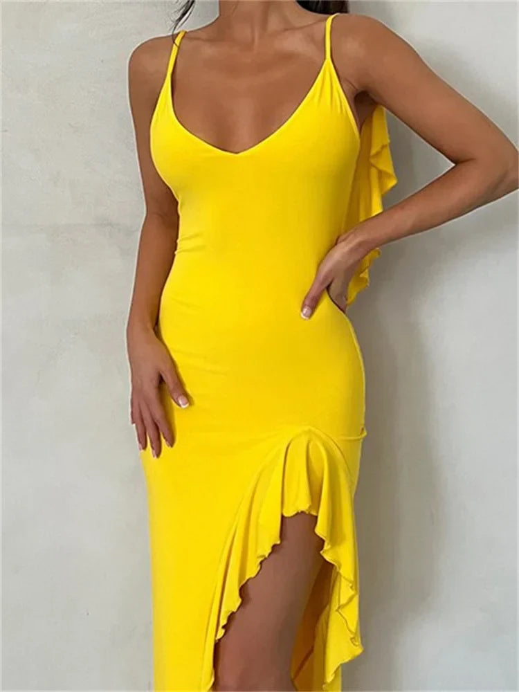 Women Spaghetti Strap Backless Ruffles  Sexy Slim Fit V Neck Sleeveless Strap Ruched Beach  Vestidos InsStreet