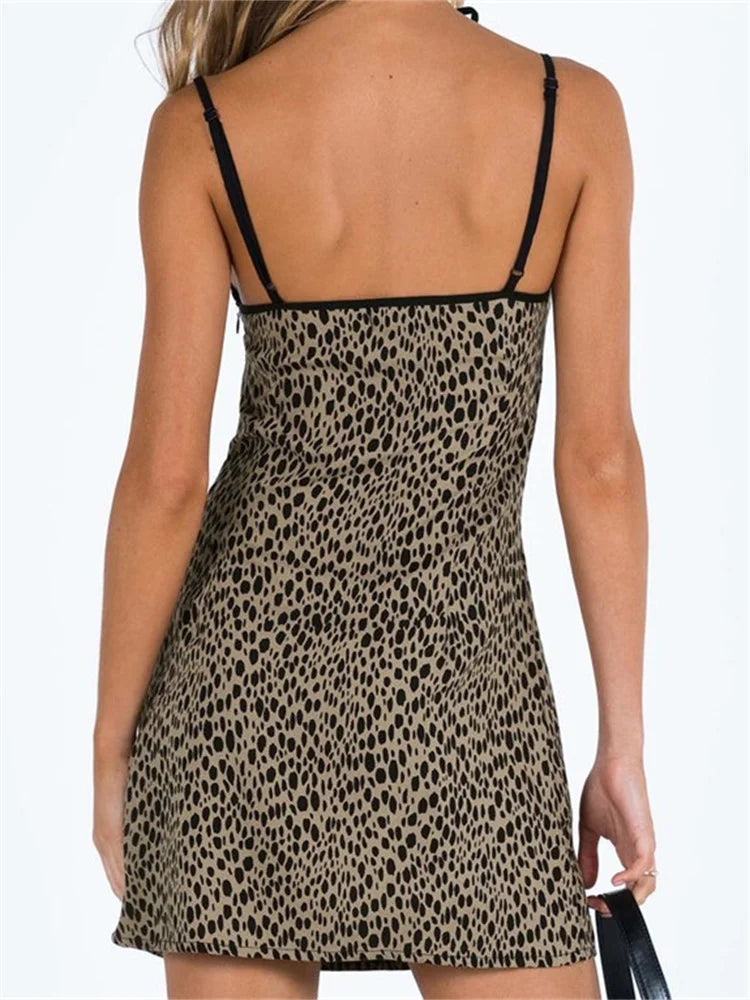 Spaghetti Strap Sleeveless Summer Leopard Print Party Mini Dress InsStreet