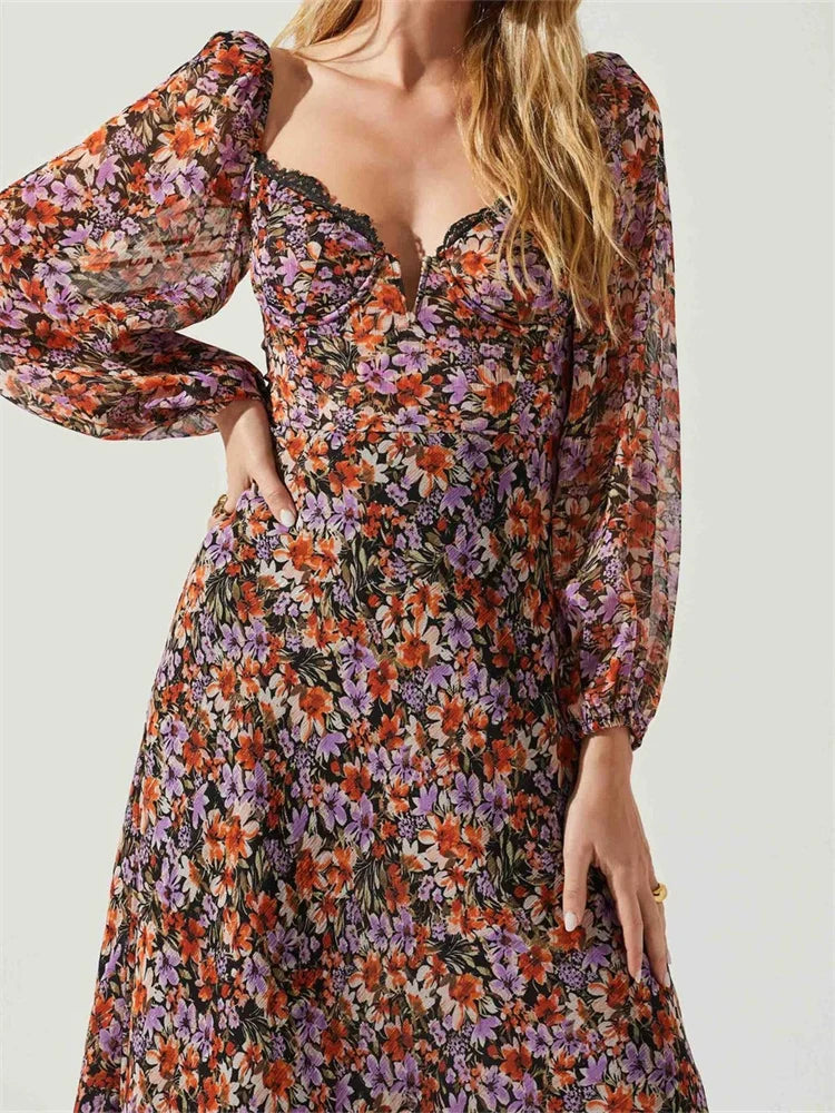 Women Spring Fall Vintage  Floral Print V-neck  Puff Sleeve Fashion Backless Holiday Vestido InsStreet