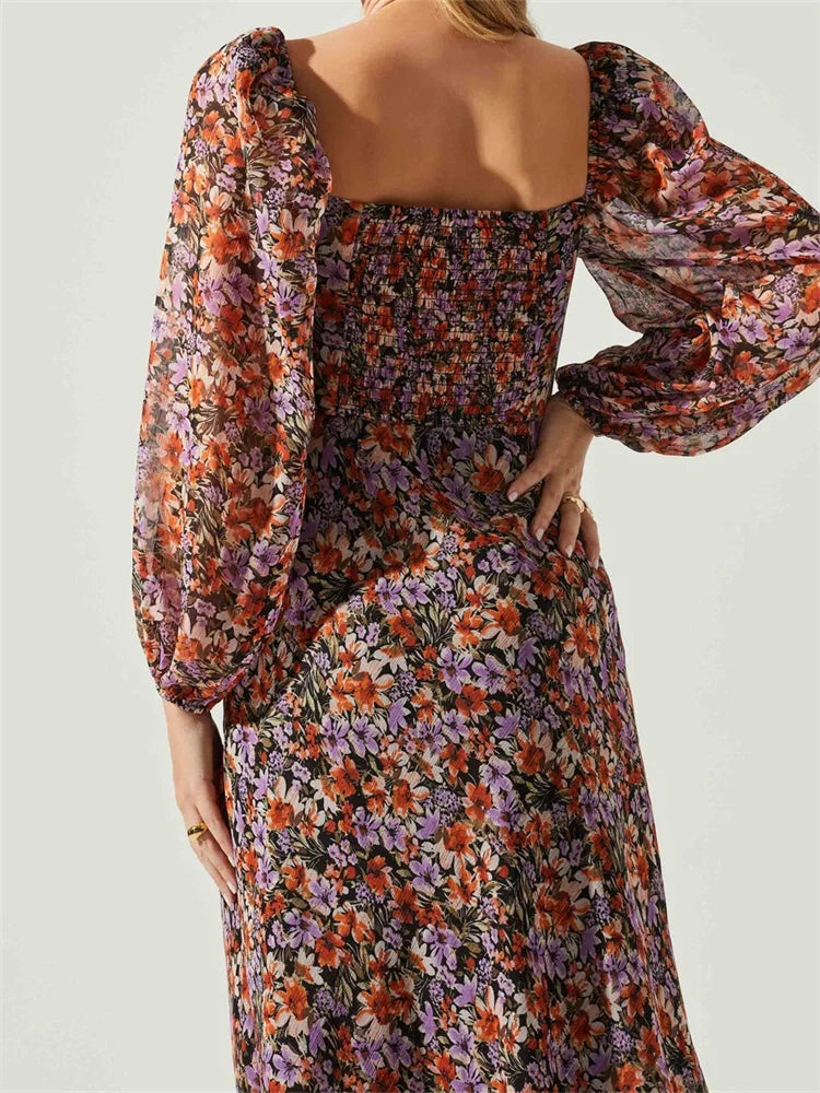 Women Spring Fall Vintage  Floral Print V-neck  Puff Sleeve Fashion Backless Holiday Vestido InsStreet