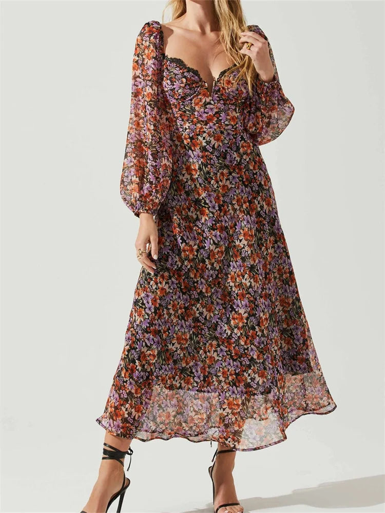 Women Spring Fall Vintage  Floral Print V-neck  Puff Sleeve Fashion Backless Holiday Vestido InsStreet