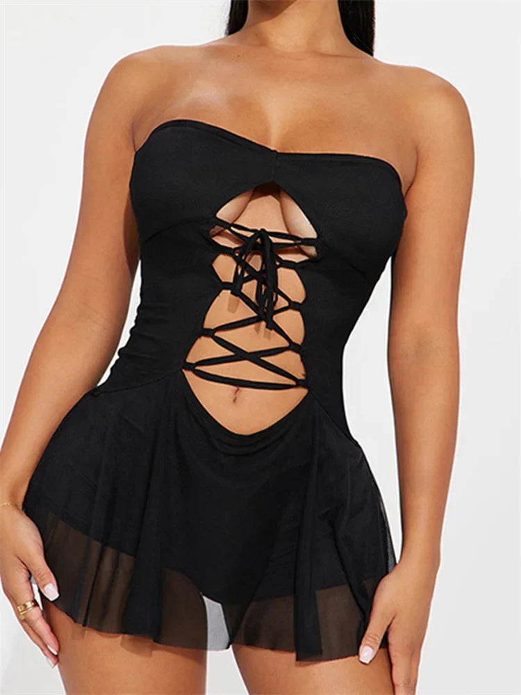 Strapless Off Shoulder Tube Jumpsuit Summer Cutout Tie Mini Dress InsStreet