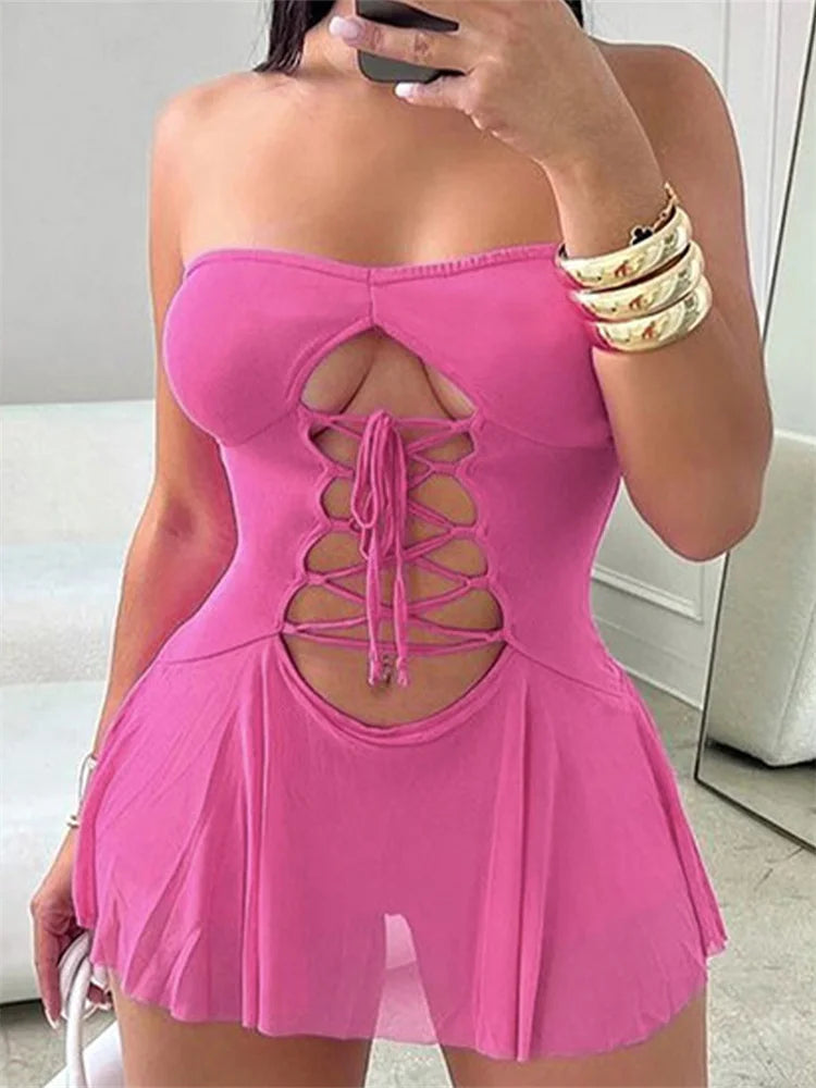 Strapless Off Shoulder Tube Jumpsuit Summer Cutout Tie Mini Dress InsStreet