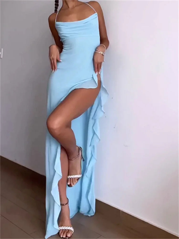 Women Summer  Sleeveless Spaghetti Strap Irregular Hem Ruffles Side High Split Party Female Vestidos InsStreet