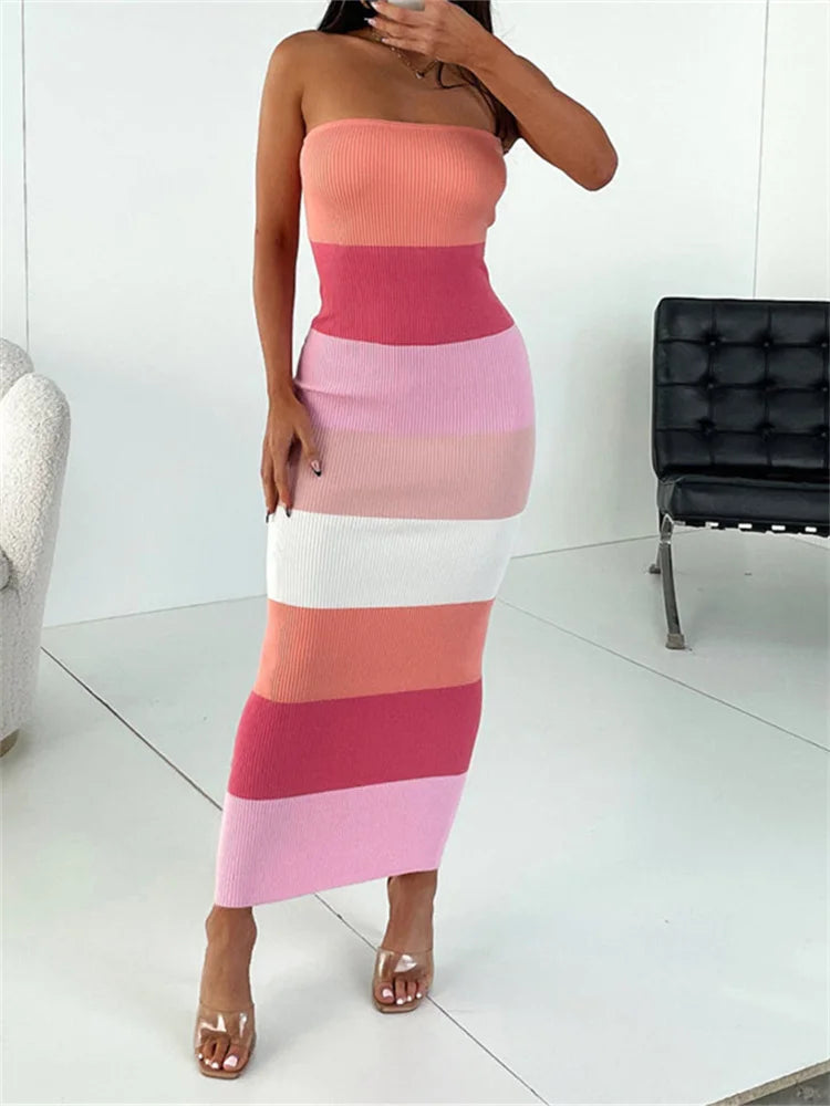 Women Summer Strapless Knitted Ribbed Female Sexy  Vestidos Sleeveless Off Shoulder  Striped Outfits InsStreet