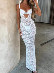 Women Summer V-neck  Sleeveless Strap Backless Mesh See Through Lace Floral Hollow Out Party  New InsStreet