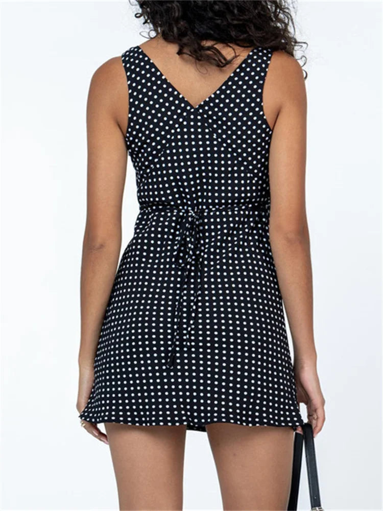 Tank Sleeveless Deep V Neck Dot Print Casual Mini Dress InsStreet