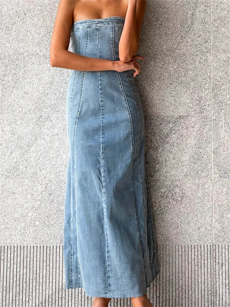 Women Tube  Strapless Backless Denim Back Zip Up Summer Side Split Club Party Female Vestidos InsStreet