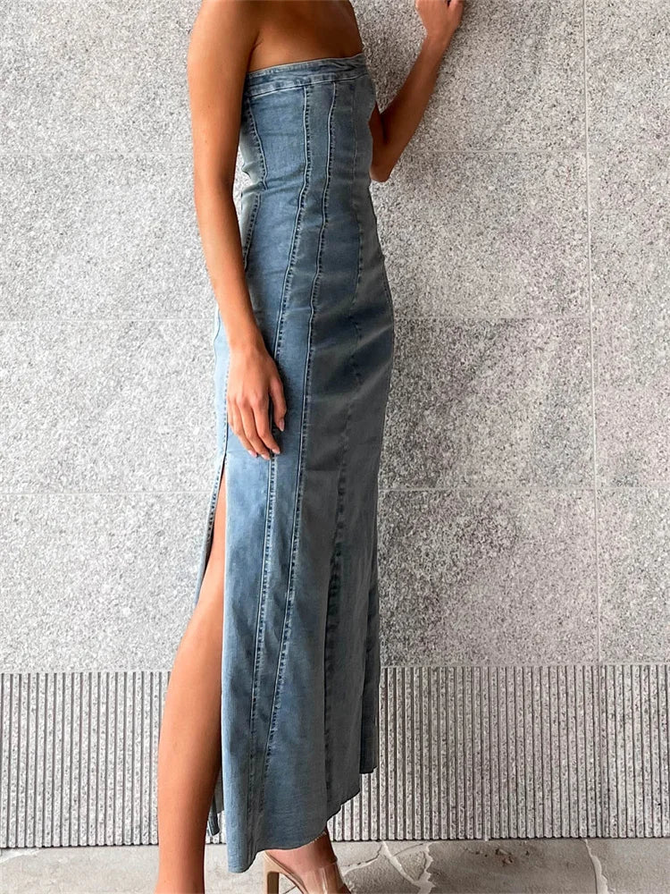 Women Tube  Strapless Backless Denim Back Zip Up Summer Side Split Club Party Female Vestidos InsStreet