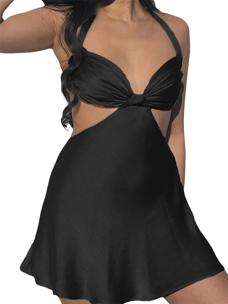 Spaghetti Strap Backless Satin Halter Hollow Out Mini Dress InsStreet