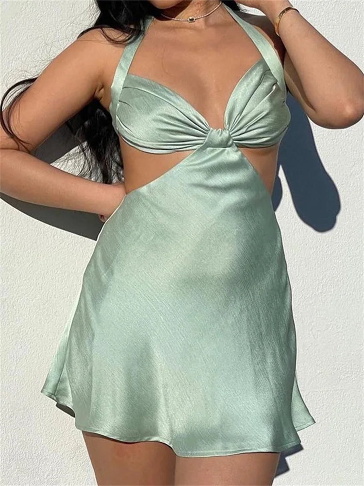 Spaghetti Strap Backless Satin Halter Hollow Out Mini Dress InsStreet