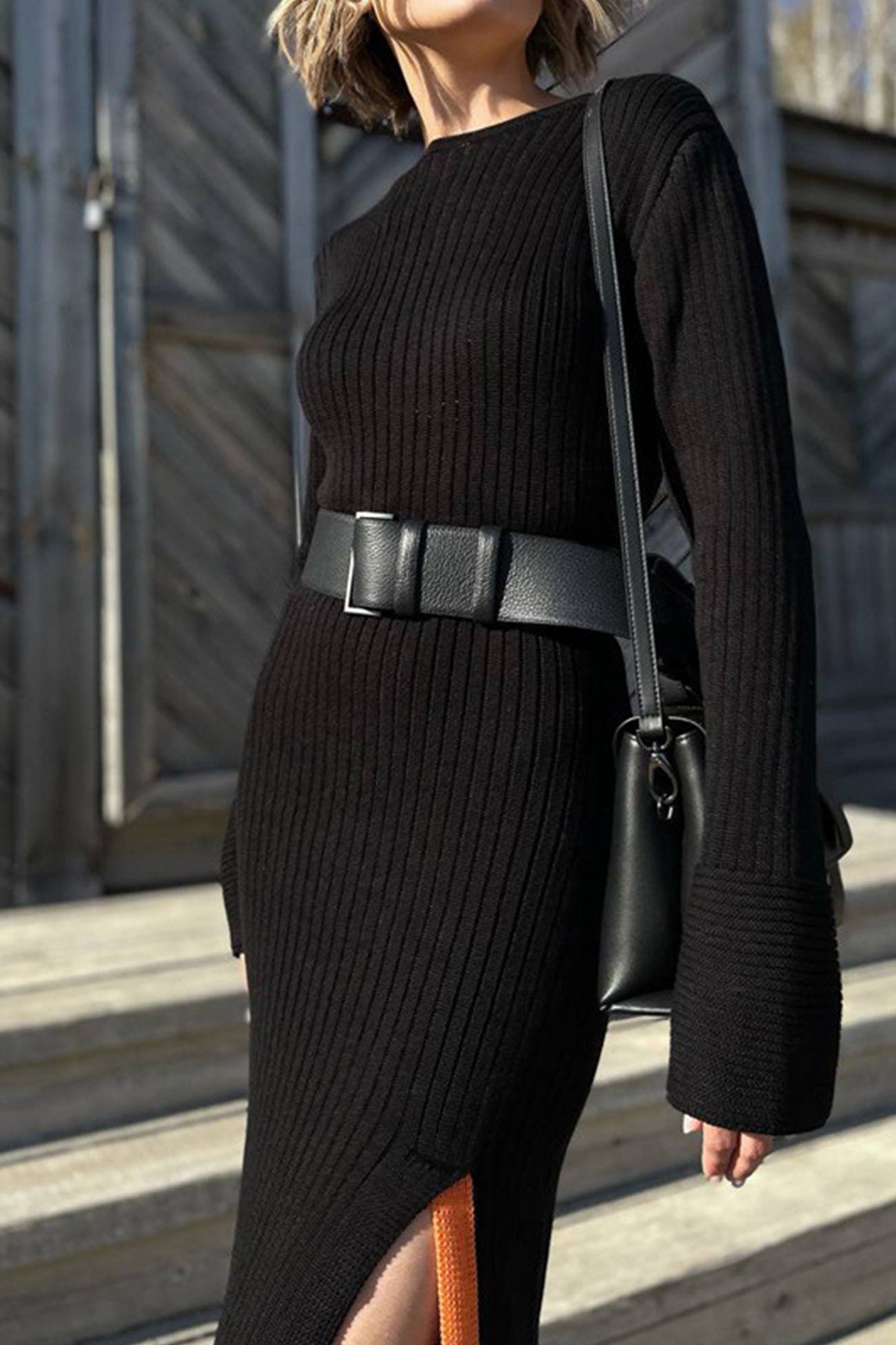 Ribbed Knit Side Slit Dress with Contrast InsStreet