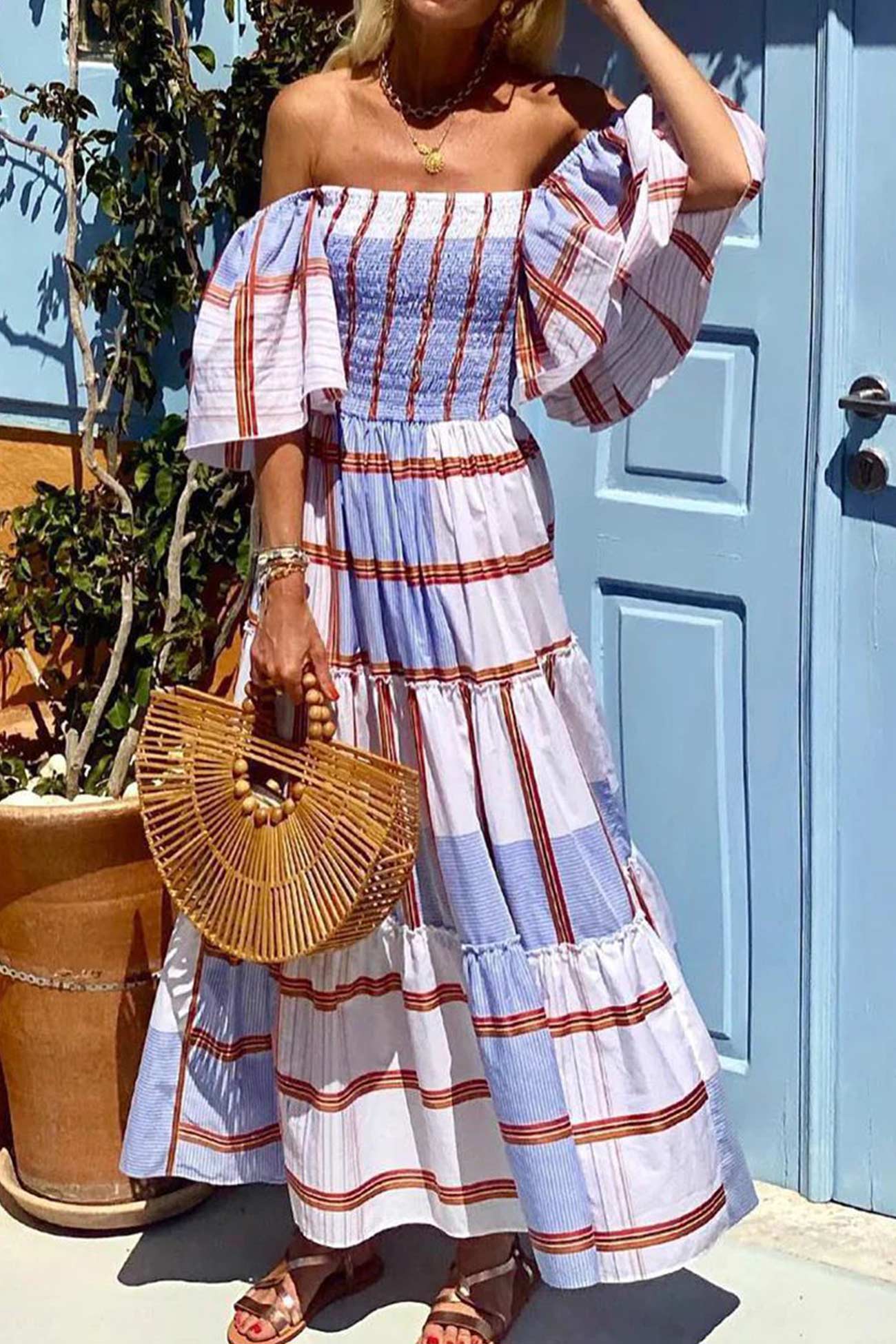 Striped Print Ruffle Sleeve Tiered Dress InsStreet